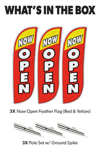 Now Open Feather Flag - 3 Pack w/ Ground Spike Pole Set