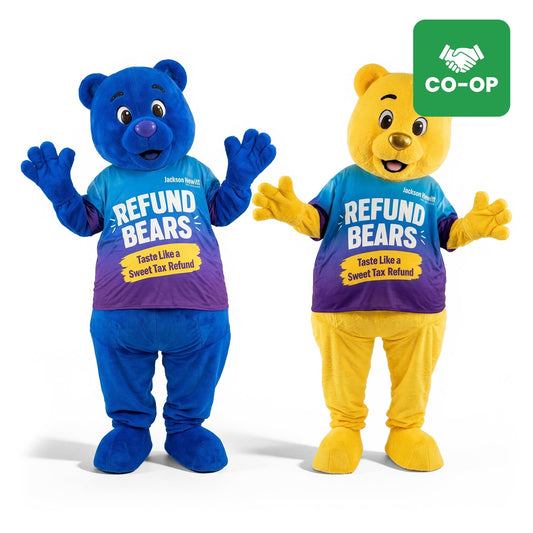 Jackson Hewitt Refund Bear inflatable mascot costume, front view