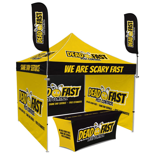 Custom Canopy Tent with Three Back Walls, Feather Flags & Table Cover