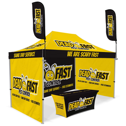 Custom Canopy Tent with Three Back Walls, Feather Flags & Table Cover