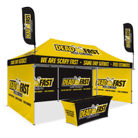 Custom Canopy Tent with Three Back Walls, Feather Flags & Table Cover