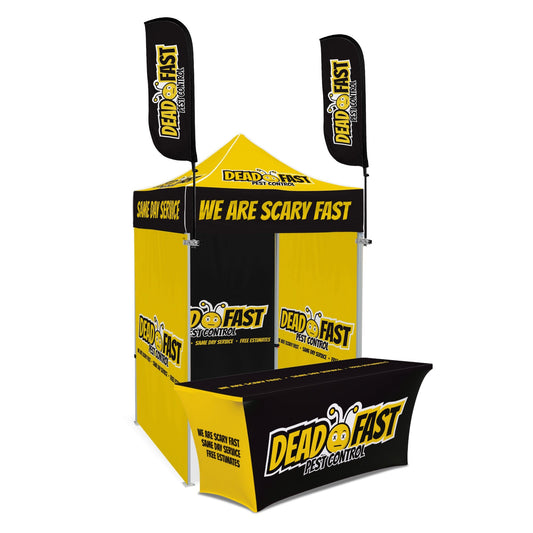 Custom Canopy Tent with Three Back Walls, Feather Flags & Table Cover