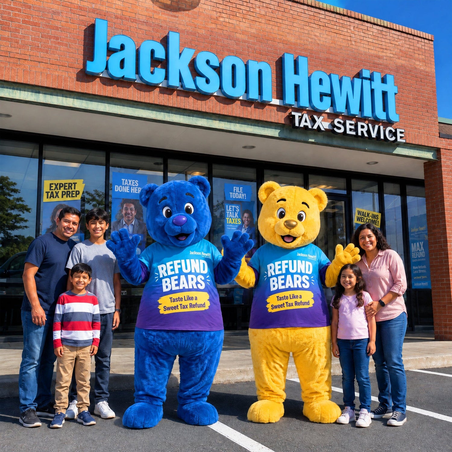 Refund Bear mascot costume greeting customers outside a Jackson Hewitt office