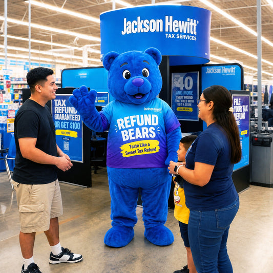 Refund Bear mascot costume at a Jackson Hewitt storefront promotion