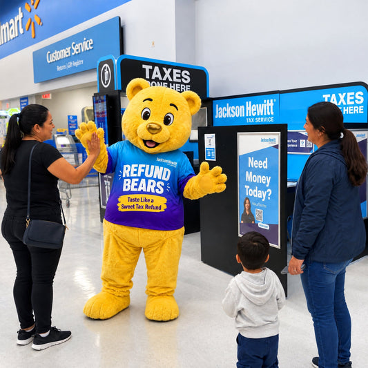 Refund Bear mascot costume in use at a Jackson Hewitt community event