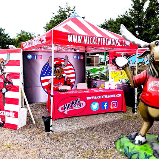 Custom Canopy Tent with Full Back, Half Side Walls, Feather Flags & Table Cover