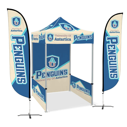 Custom Canopy Tent with Full Back Wall, Half Side Walls & Feather Flags