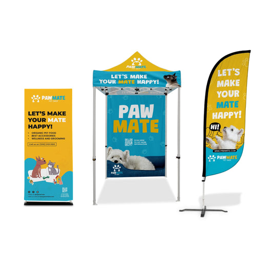 Custom Canopy Tent with Back Wall, Feather Flag & Banner Stand