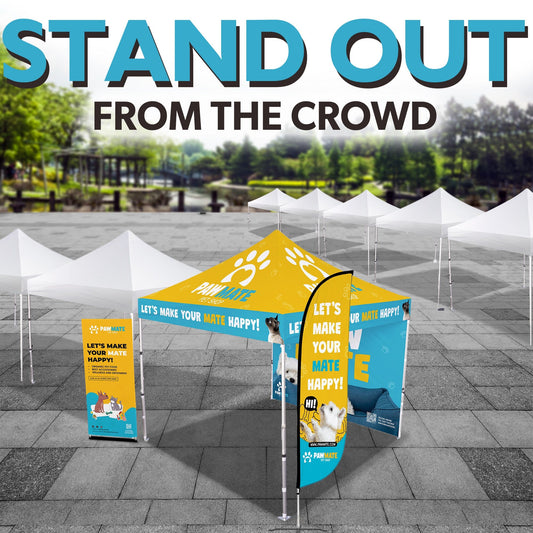 Custom Canopy Tent with Back Wall, Feather Flag & Banner Stand