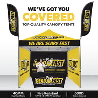 Custom Canopy Tent with Three Back Walls, Feather Flags & Table Cover