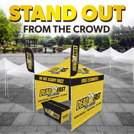 Custom Canopy Tent with Three Back Walls, Feather Flags & Table Cover