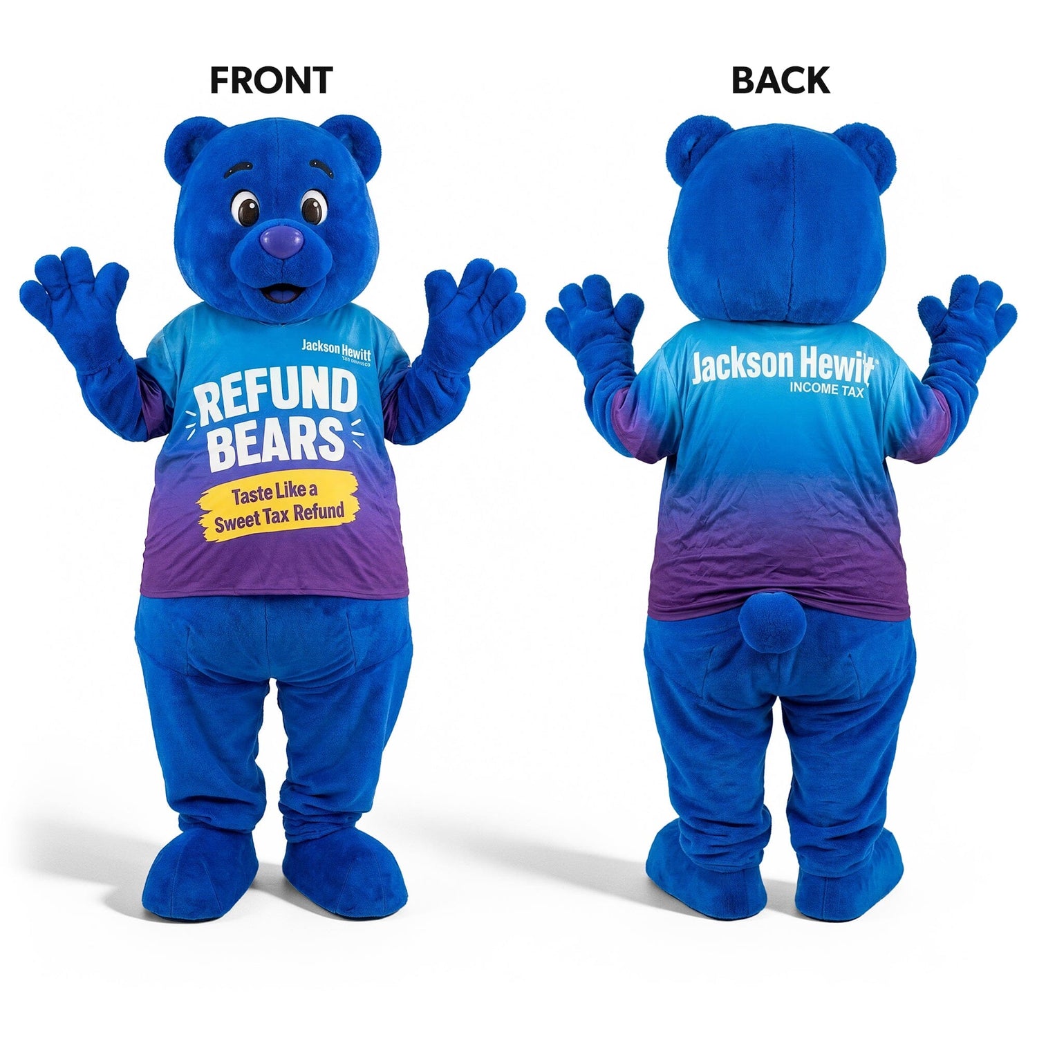 Jackson Hewitt Refund Bear inflatable mascot costume in blue