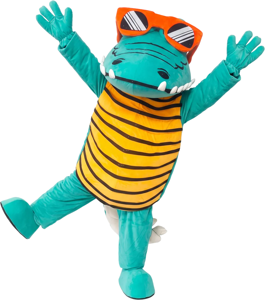 Crocodile mascot in orange sunglasses