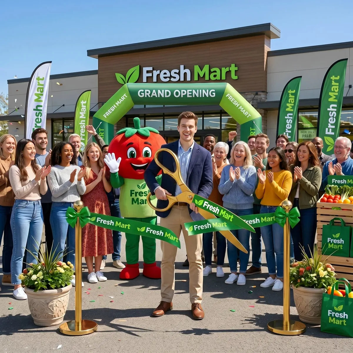 Ribbon cutting ceremony with oversized ceremonial scissors