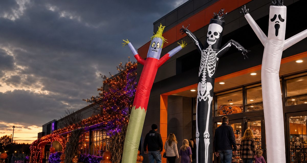 Halloween air dancers outside a storefront
