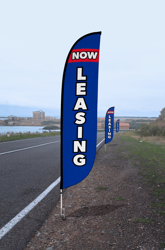 Now Leasing Feather Flag Blue & Red 