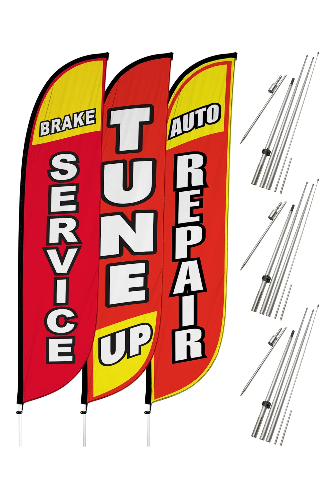 Auto Repair Feather Flag - 3 Pack w/ Ground Spike Pole Set 