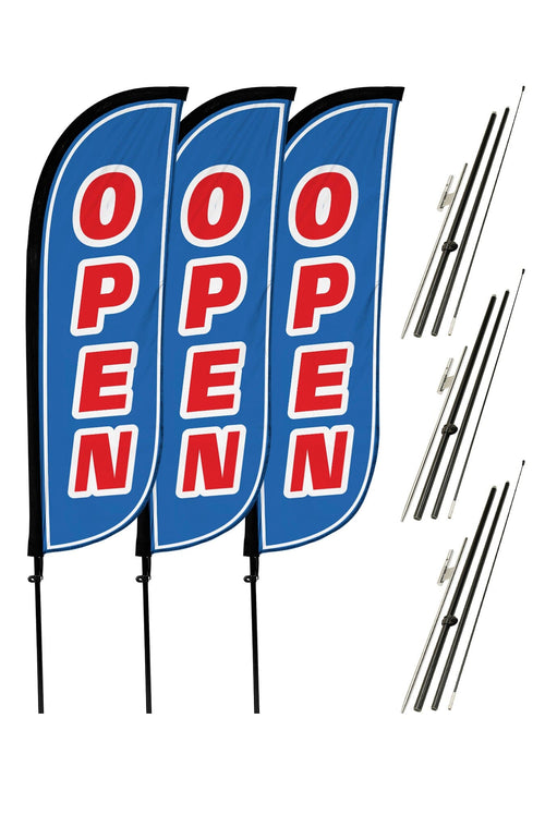Open Feather Flag - 3 Pack w/ Ground Spike Pole Set