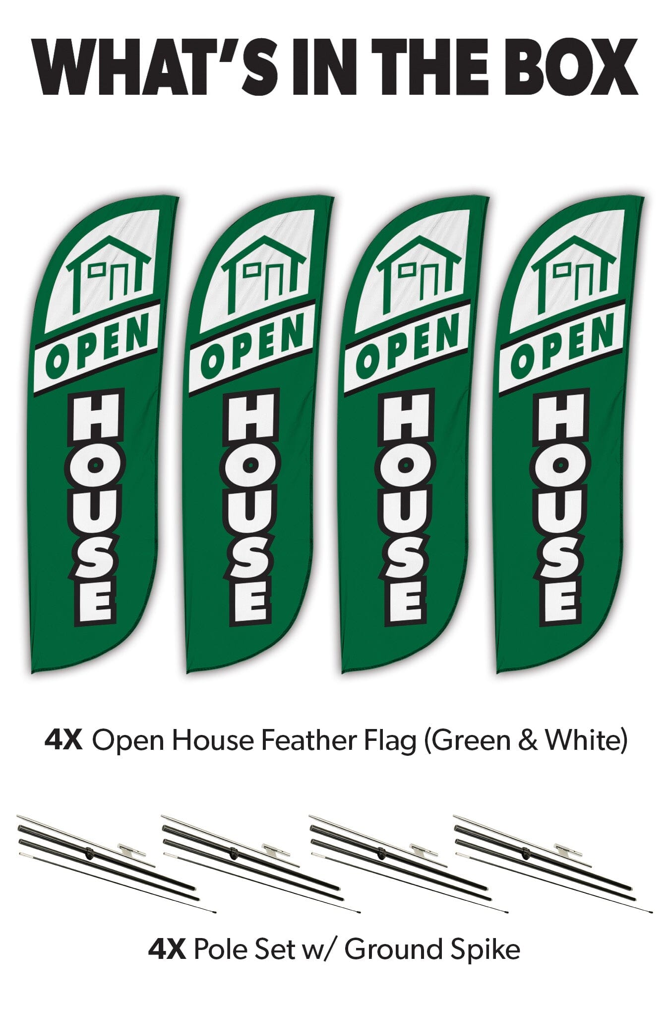 Open House Feather Flag - 4 Pack w/ Ground Spike Pole Set 